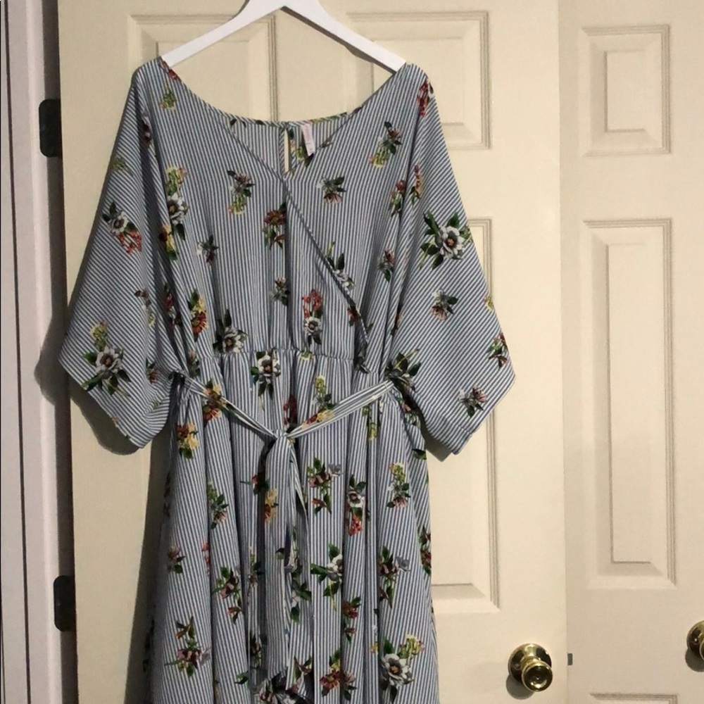 Blue and white striped floral romper